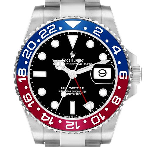 The Rolex GMT-Master 126710 Men's Stainless Steel Black Dial II watch is shown from the front, highlighting the bezel, dial, hands, and date window.