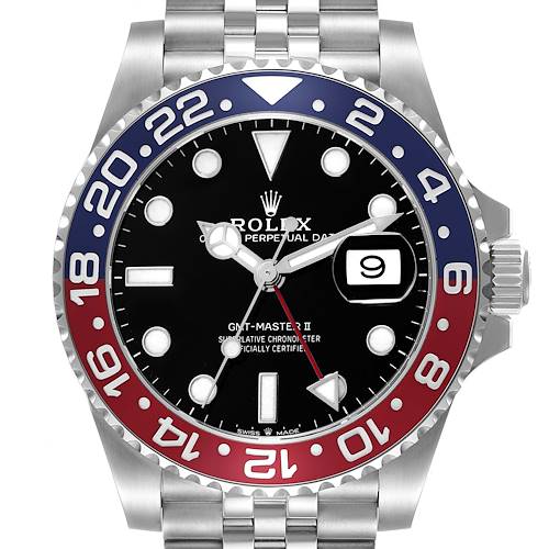 The Rolex GMT-Master 126710 Men's Stainless Steel Black Dial watch is shown from a top-down angle, displaying the bezel, dial, hands, date, and bracelet.