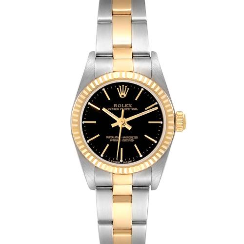This image shows a front view of a Rolex Oyster Perpetual 76193 Women's Steel and Gold (two tone) Black Dial 76193 Women's Steel and Gold (two tone) Black Dial watch with a gold and silver bracelet and a black dial.