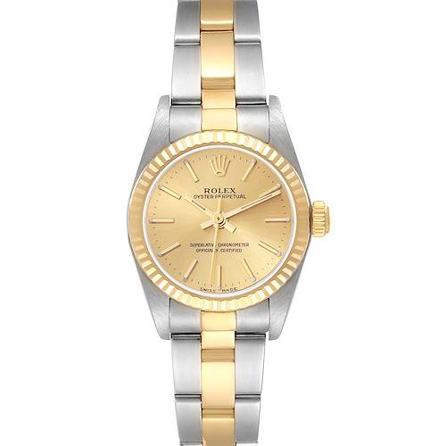 The image shows a front view of the Rolex Oyster Perpetual 76193 Women's Steel and Gold (two tone) Champagne Dial 76193 Women's Steel and Gold (two tone) Champagne Dial watch, displaying the face, bezel, and bracelet.