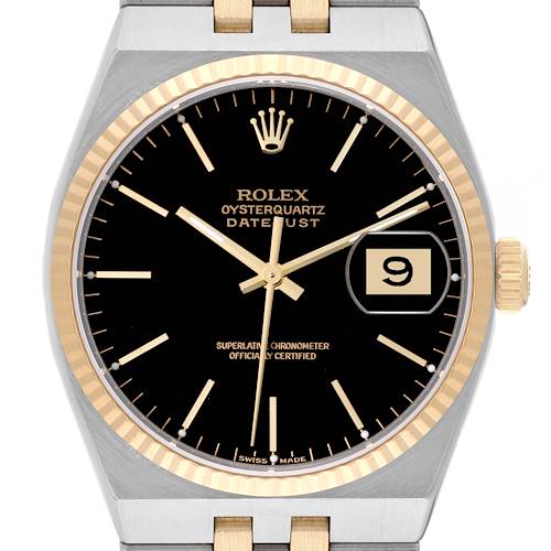 The image shows a front view of a Rolex Oysterquartz 17013 Men's Steel and Gold (two tone) Black Dial 17013 Men's Steel and Gold (two tone) Black Dial Datejust watch, highlighting its black dial, gold hour markers, and the date display.