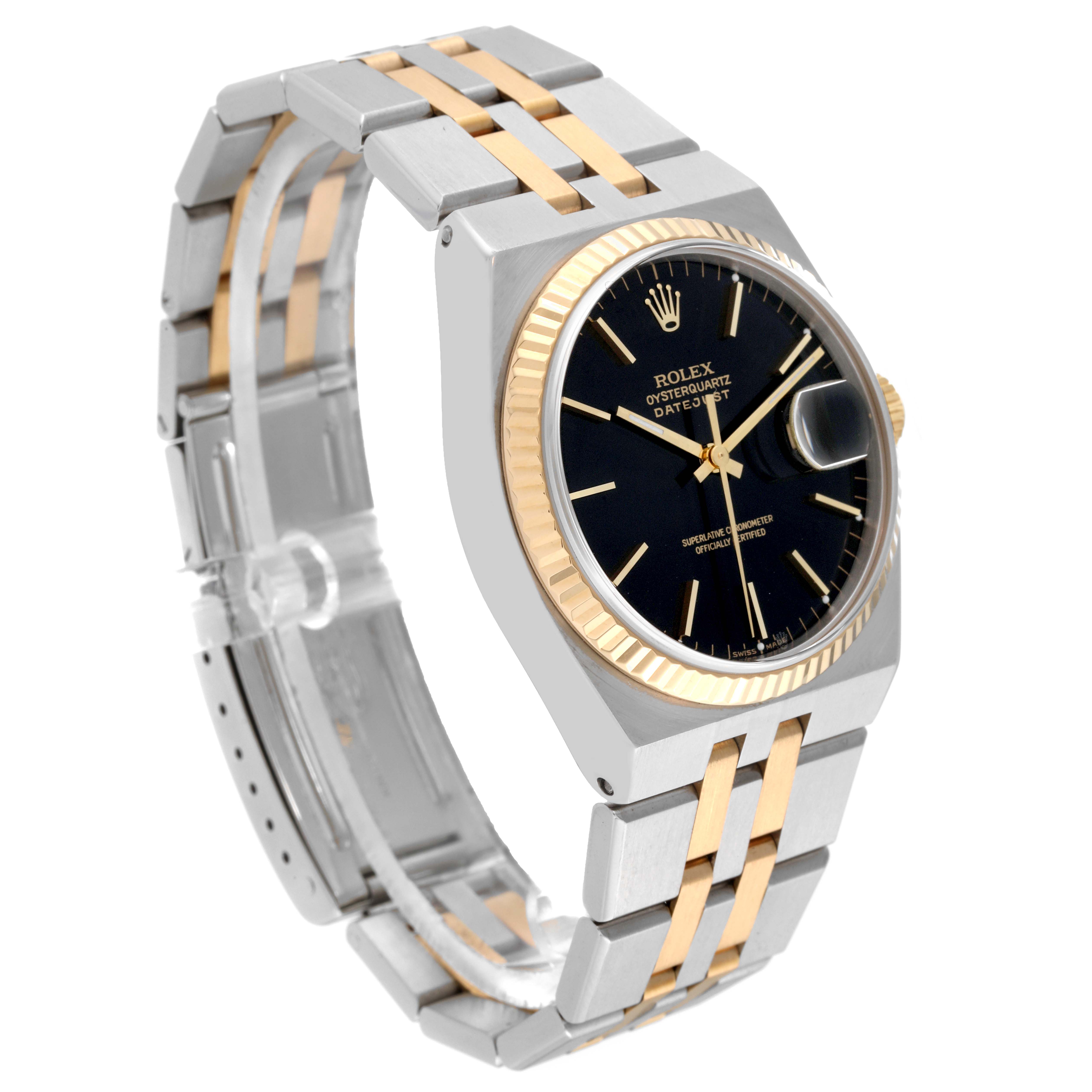 The Rolex Oysterquartz 17013 Men's Steel and Gold (two tone) Black Dial 17013 Men's Steel and Gold (two tone) Black Dial watch is shown at an oblique angle, displaying its bracelet, case, dial, and fluted bezel.