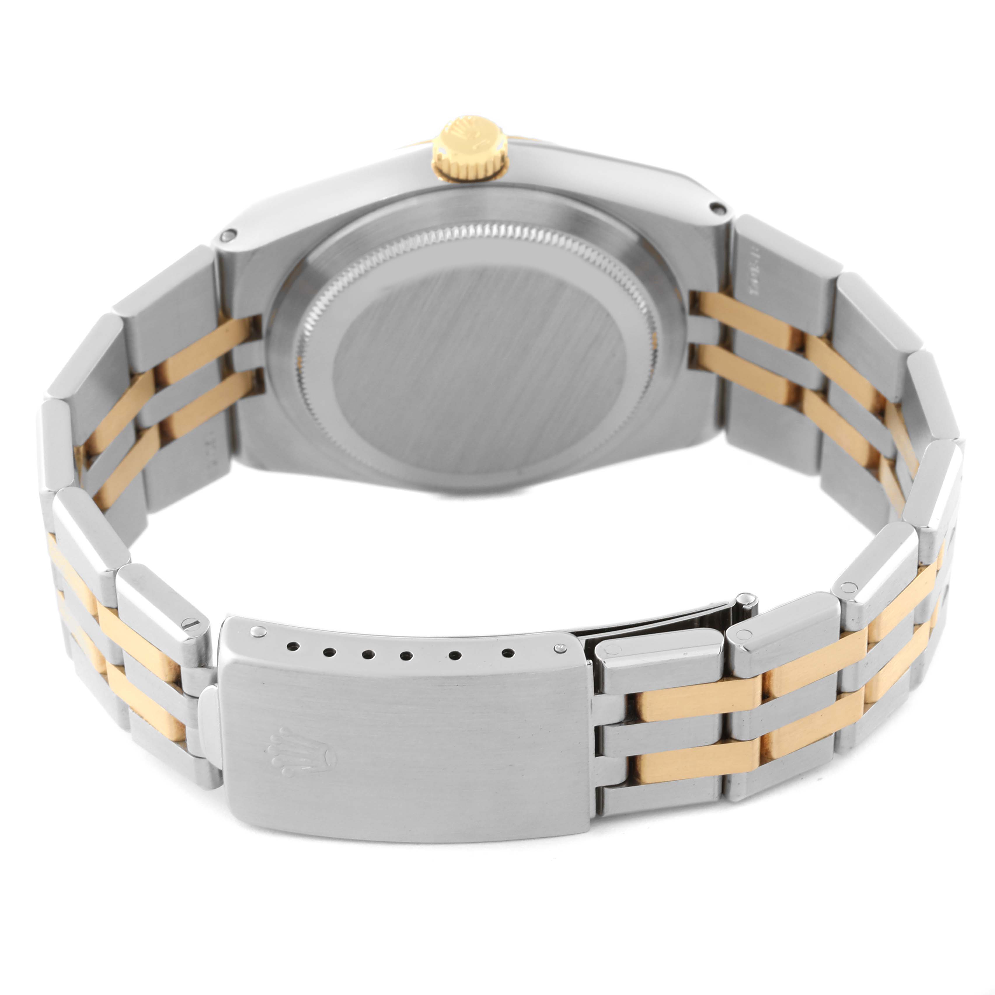 The image shows the back and clasp of the Rolex Oysterquartz 17013 Men's Steel and Gold (two tone) Black Dial 17013 Men's Steel and Gold (two tone) Black Dial watch, highlighting the bracelet and case back.