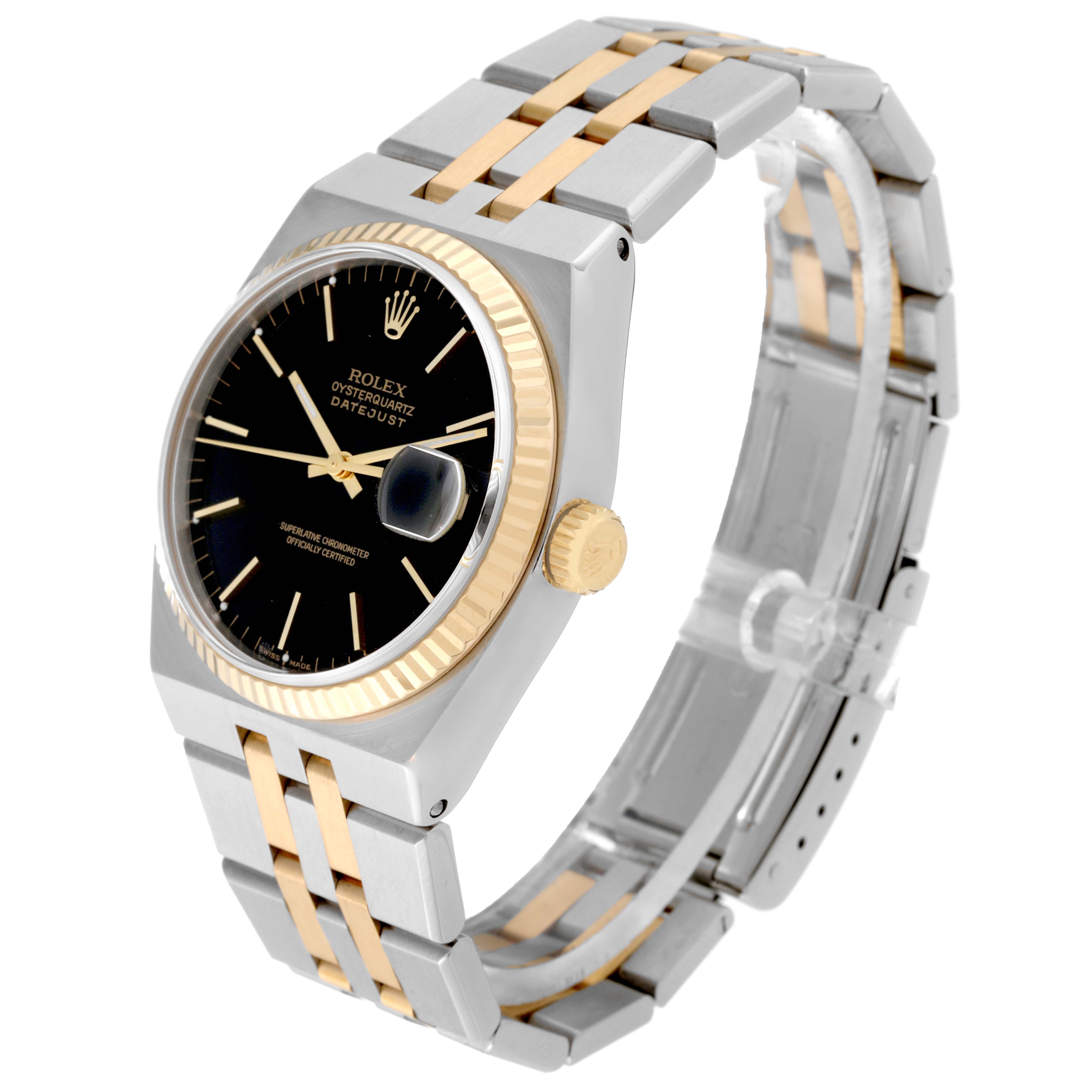 The image shows a side angle of a Rolex Oysterquartz 17013 Men's Steel and Gold (two tone) Black Dial 17013 Men's Steel and Gold (two tone) Black Dial watch with a stainless steel and gold bracelet, black dial, and fluted bezel.