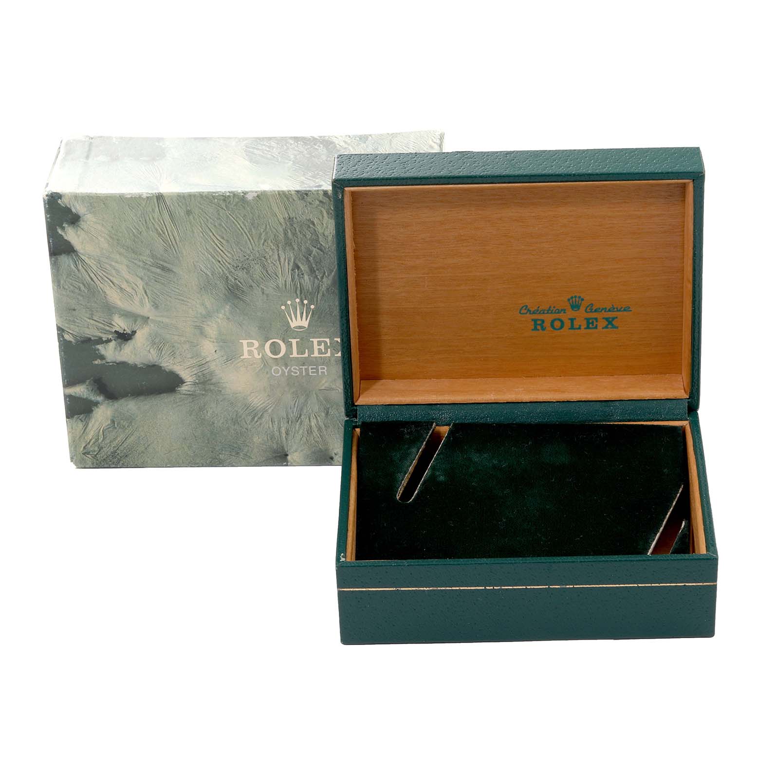 The image shows a green Rolex Oysterquartz 17013 Men's Steel and Gold (two tone) Black Dial 17013 Men's Steel and Gold (two tone) Black Dial watch box and an outer box, with the inner box open, displaying a velvet-lined interior.