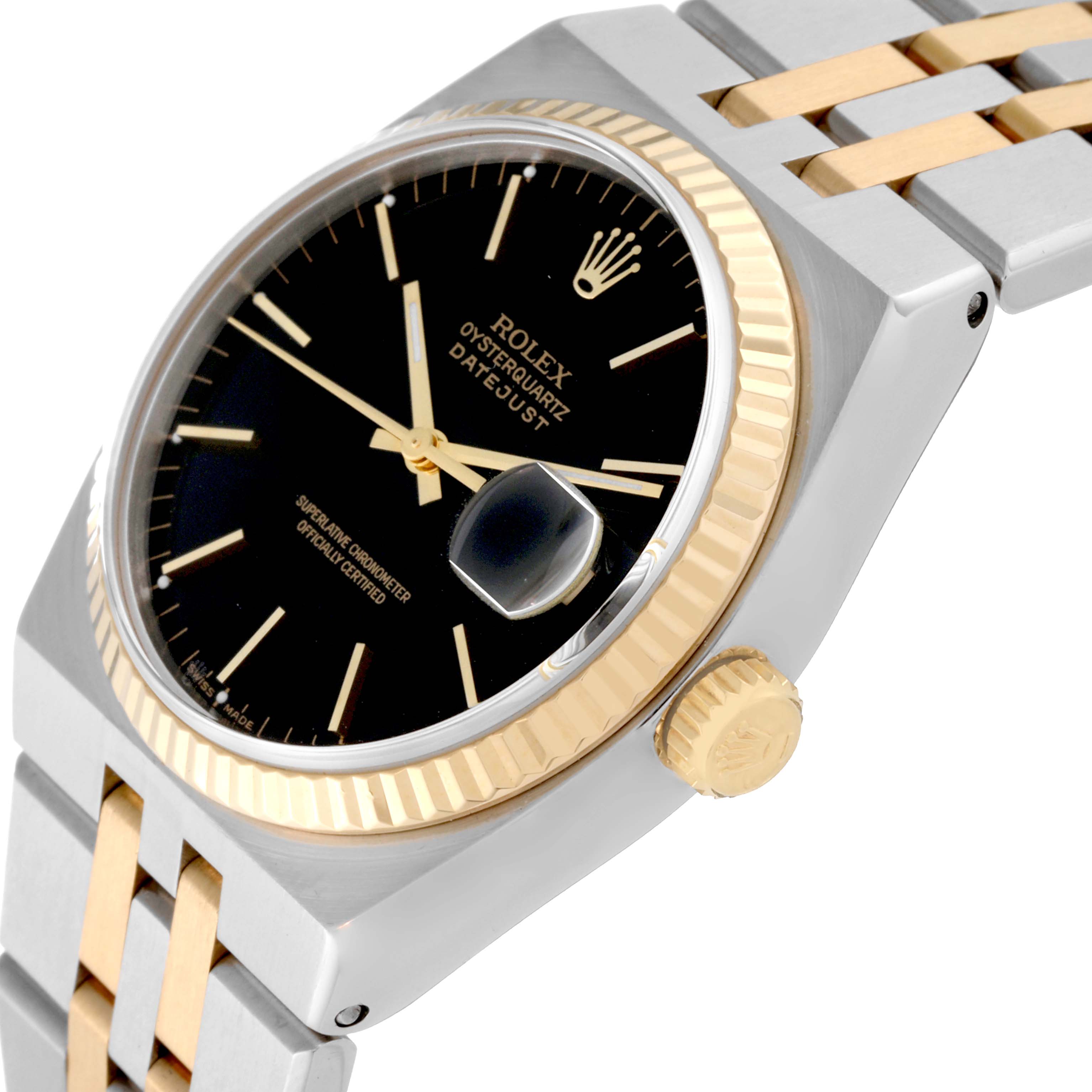 The Rolex Oysterquartz 17013 Men's Steel and Gold (two tone) Black Dial 17013 Men's Steel and Gold (two tone) Black Dial watch is shown at an angled close-up, displaying the dial, fluted bezel, crown, and part of the bracelet.