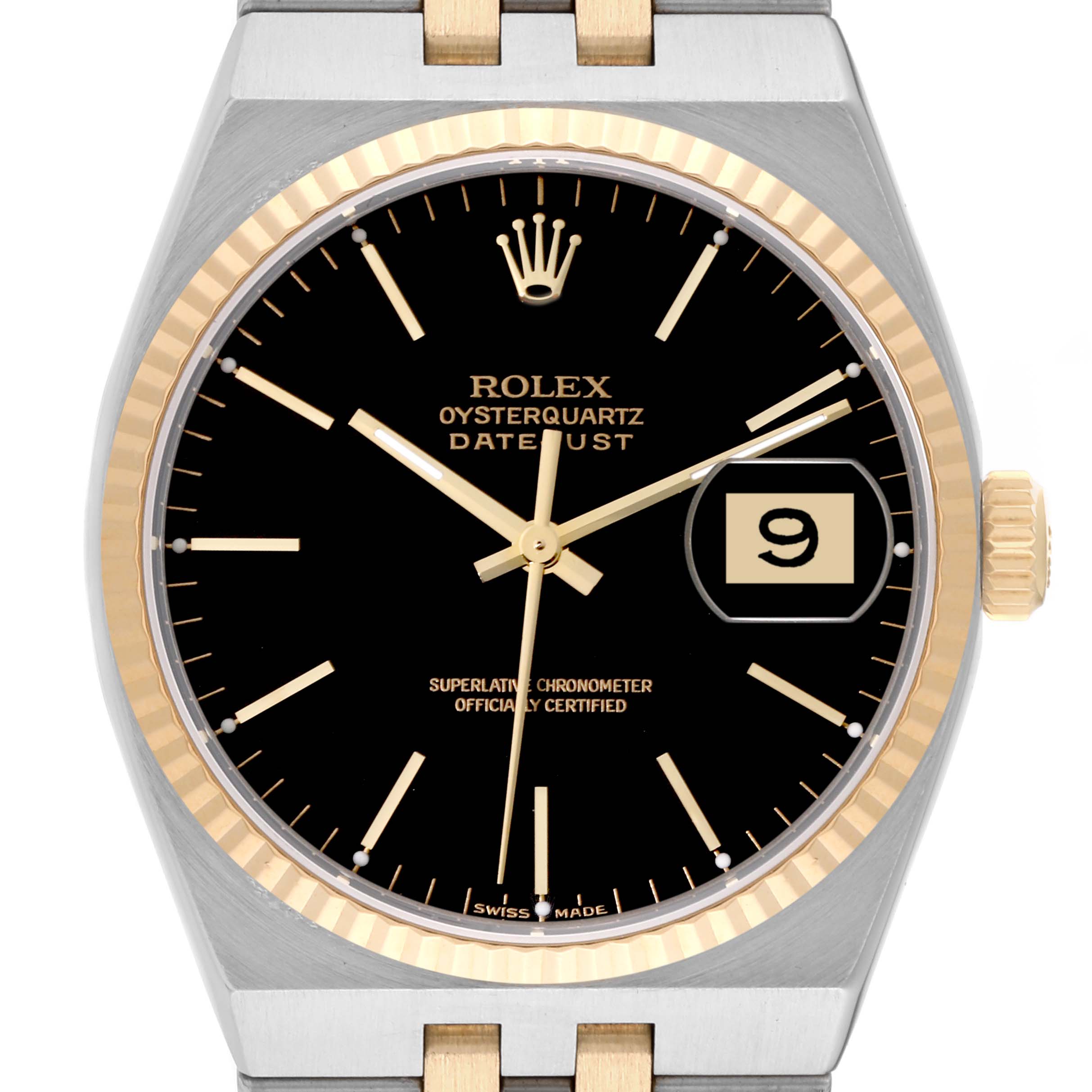 The image displays a close-up of the Rolex Oysterquartz 17013 Men's Steel and Gold (two tone) Black Dial 17013 Men's Steel and Gold (two tone) Black Dial Datejust watch face and bezel at a straight-on angle.