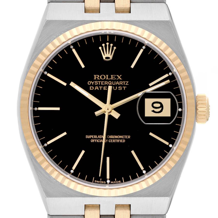 The image displays a close-up of the Rolex Oysterquartz 17013 Men's Steel and Gold (two tone) Black Dial 17013 Men's Steel and Gold (two tone) Black Dial Datejust watch face and bezel at a straight-on angle.