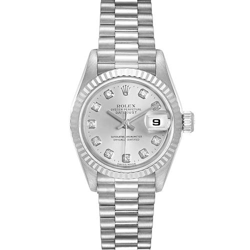 This image displays a frontal view of the Rolex President 69179 Women's White Gold Silver Dial 69179 Women's White Gold Silver Dial model, showing the dial, bezel, bracelet, and crown.