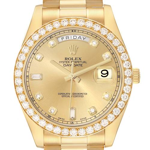 The image shows a frontal view of a Rolex President 218348 Men's Yellow Gold Champagne Dial model watch, highlighting the diamond bezel, dial, day, and date.