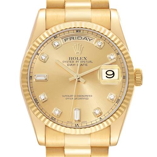 The Rolex President 118238 Men's Yellow Gold Champagne Dial model is shown from the front, highlighting its gold dial, day-date display, diamond hour markers, and fluted bezel.