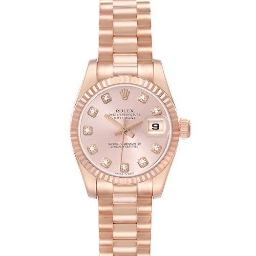 The Rolex President 179175 Women's Rose Gold Pink Dial model watch is shown from a top-down angle, displaying the face, bracelet, and crown.
