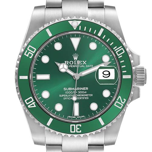 The image shows a front view of the Rolex Submariner 116610 Men's Stainless Steel Green Dial, displaying the green bezel, dial, hands, and bracelet.