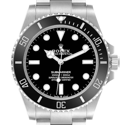 The Rolex Submariner 124060 Men's Stainless Steel Black Dial watch is shown from a front angle, highlighting its bezel, dial, and bracelet.