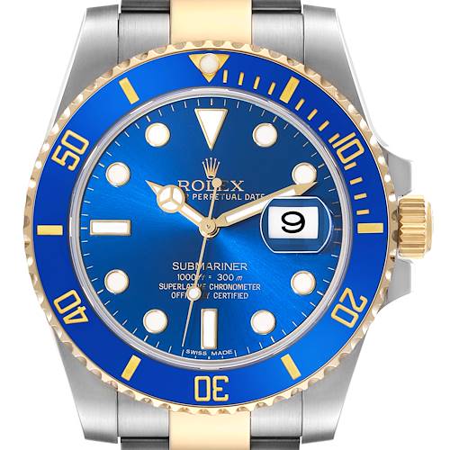 The image shows a front view of a Rolex Submariner 116613 Men's Steel and Gold (two tone) Blue Dial 116613 Men's Steel and Gold (two tone) Blue Dial watch with a blue dial and bezel, gold accents, and a date display.
