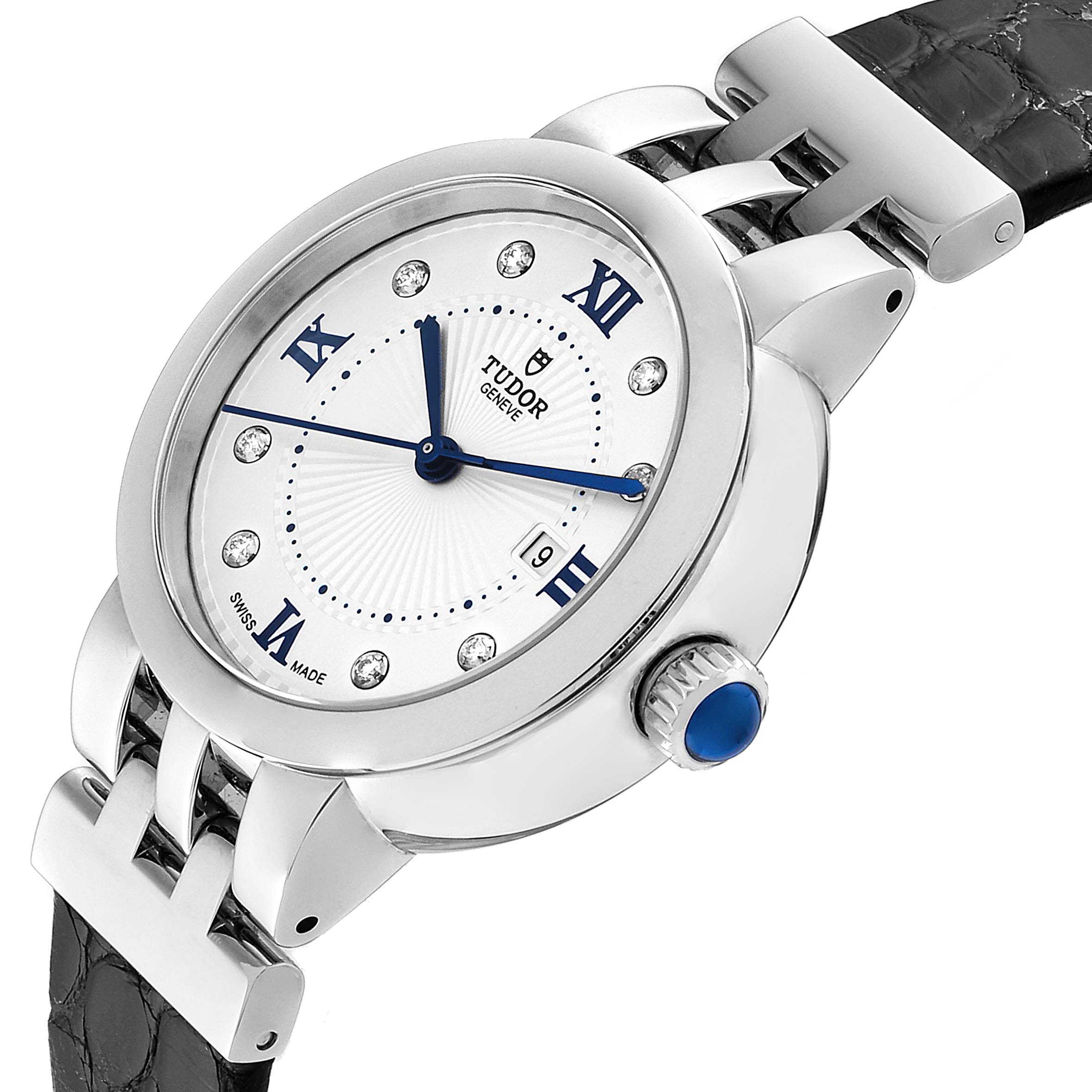 The Tudor Clair de Rose M35800-0006 Women's Stainless Steel Silver Dial M35800-0006 Women's Stainless Steel Silver Dial watch is shown at a slight angle, highlighting the face, bezel, crown, and part of the strap and lugs.