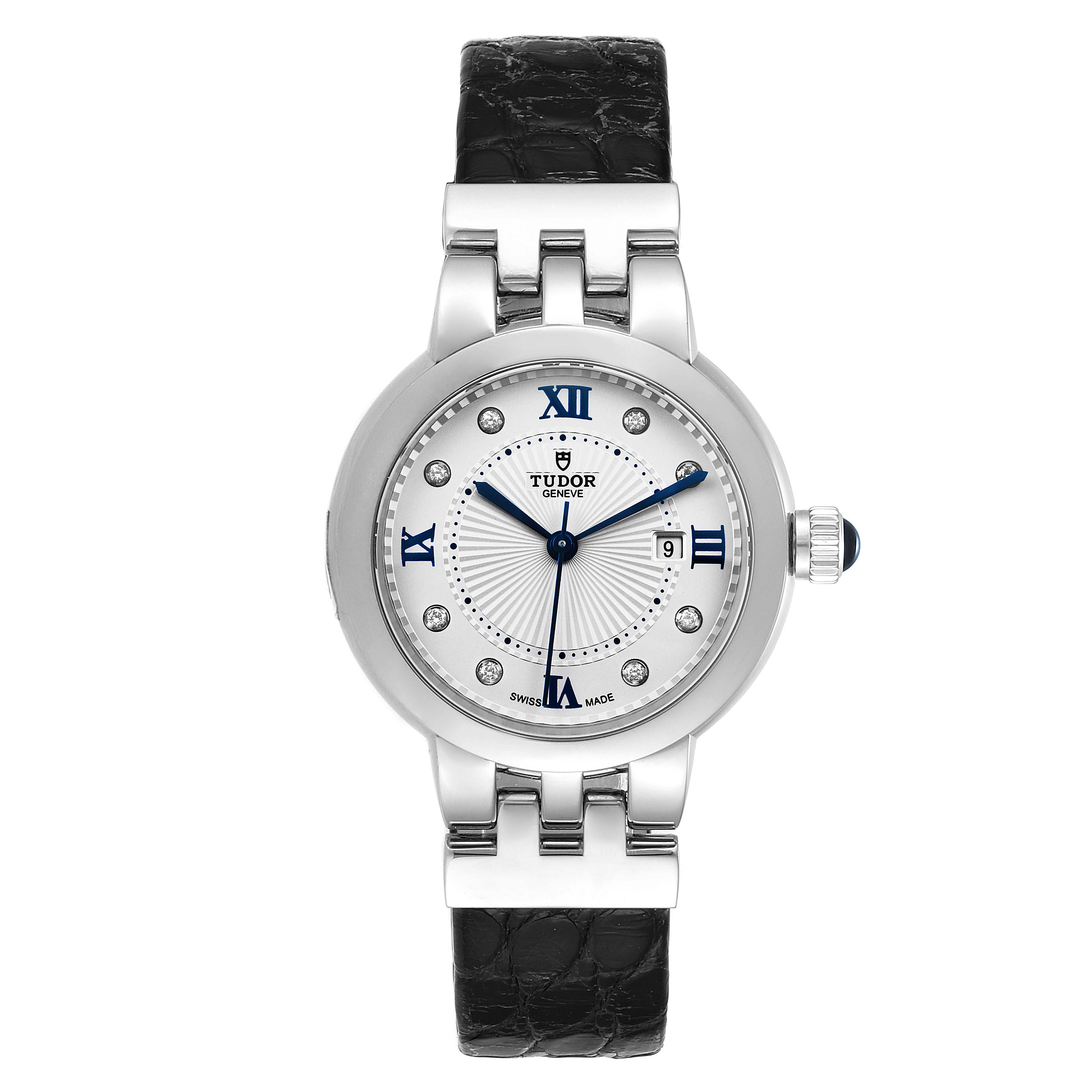 This frontal view shows the Tudor Clair de Rose M35800-0006 Women's Stainless Steel Silver Dial M35800-0006 Women's Stainless Steel Silver Dial watch with a round face, leather strap, blue hands, and Roman numerals.