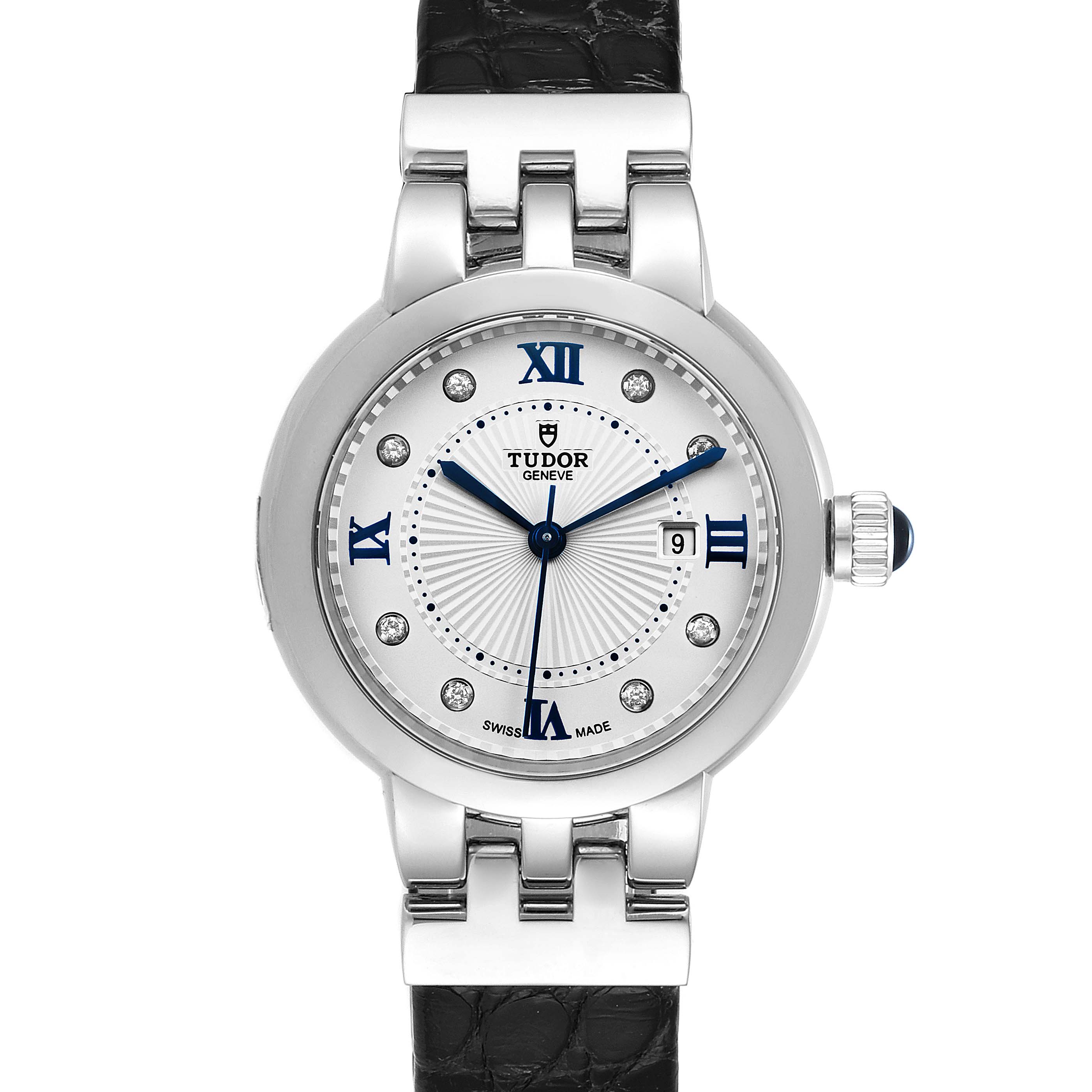 The image shows a Tudor Clair de Rose M35800-0006 Women's Stainless Steel Silver Dial M35800-0006 Women's Stainless Steel Silver Dial watch from the front, displaying the face, hands, date window, and part of the strap.