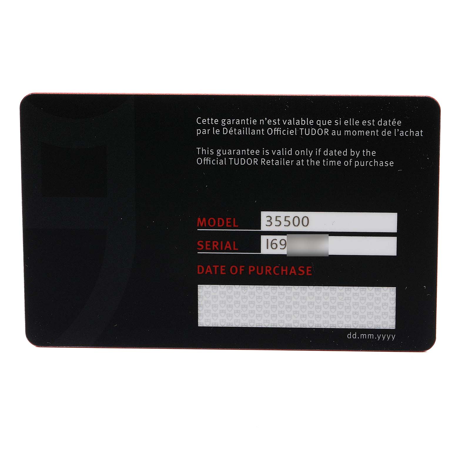 This image shows the warranty card for the Tudor Clair de Rose M35800-0006 Women's Stainless Steel Silver Dial M35800-0006 Women's Stainless Steel Silver Dial watch model.