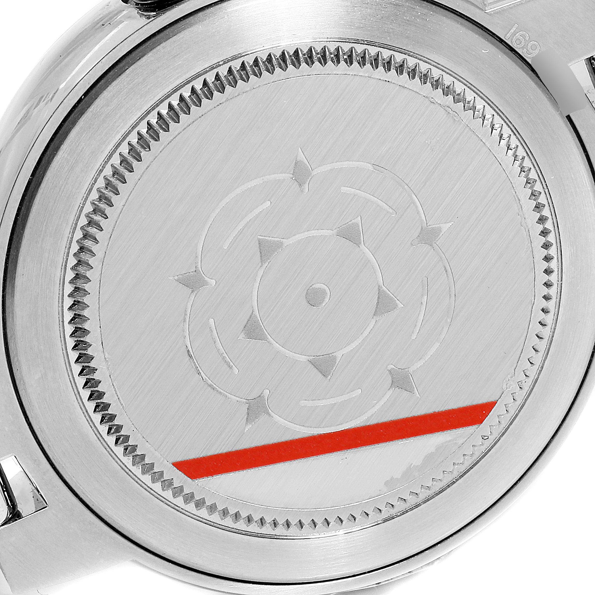 This image shows the case back of a Tudor Clair de Rose M35800-0006 Women's Stainless Steel Silver Dial M35800-0006 Women's Stainless Steel Silver Dial watch, featuring its engraved design.