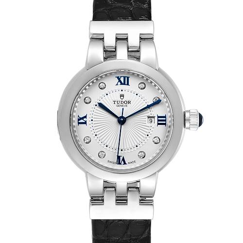 The watch is a Tudor Clair de Rose M35800-0006 Women's Stainless Steel Silver Dial M35800-0006 Women's Stainless Steel Silver Dial model shown from the front, displaying its face, bezel, crown, and part of the strap.