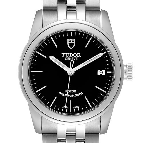 This image shows the front view of the Tudor Glamour M55000-0007 Men's Stainless Steel Black Dial M55000-0007 Men's Stainless Steel Black Dial watch, displaying its face, hour markers, date, and part of the bracelet.