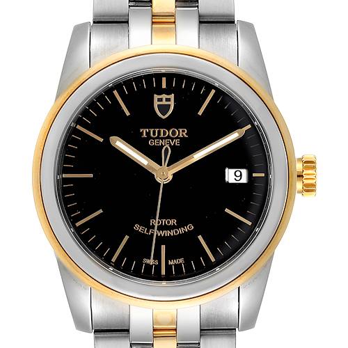 The image shows a front view of the Tudor Glamour 55003-0007 Men's Steel and Gold (two tone) Black Dial 55003-0007 Men's Steel and Gold (two tone) Black Dial model watch, highlighting its black dial, gold bezel, and metal bracelet.