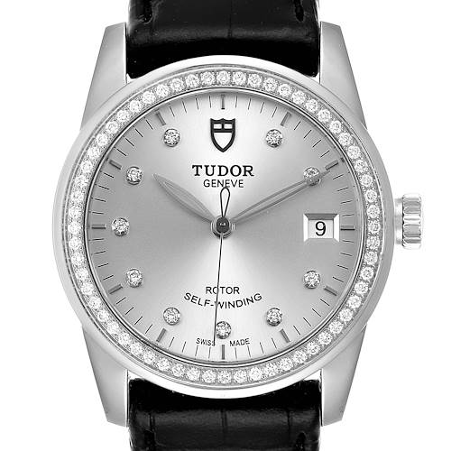 The image shows a Tudor Glamour M55020-0057 Men's Stainless Steel Silver Dial M55020-0057 Men's Stainless Steel Silver Dial watch from a front angle, showcasing the dial, bezel, and crown.