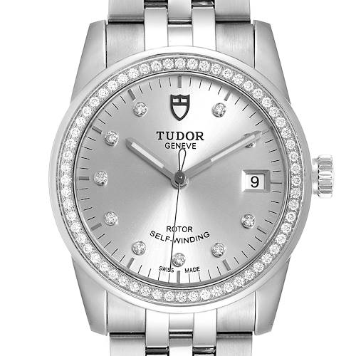 This is a frontal view of a Tudor Glamour M55020-0003 Men's Stainless Steel Silver Dial M55020-0003 Men's Stainless Steel Silver Dial model watch, showcasing its dial, bezel, and part of the bracelet.