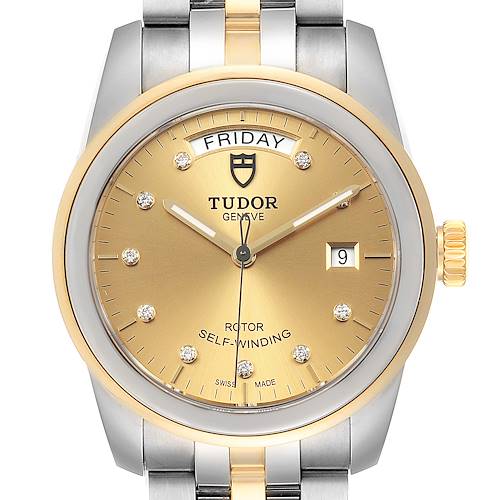 This image shows a front view of a Tudor Glamour 56003-0006 Men's Steel and Gold (two tone) Champagne Dial 56003-0006 Men's Steel and Gold (two tone) Champagne Dial model watch showcasing its face, bezel, and part of the bracelet.