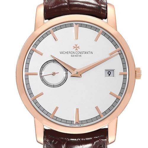 The Vacheron Constantin Traditionnelle 87172/000R-9302 Men's Rose Gold Silver Dial 87172/000R-9302 Men's Rose Gold Silver Dial watch is shown from the front, featuring a leather strap, date display, and small subseconds dial.