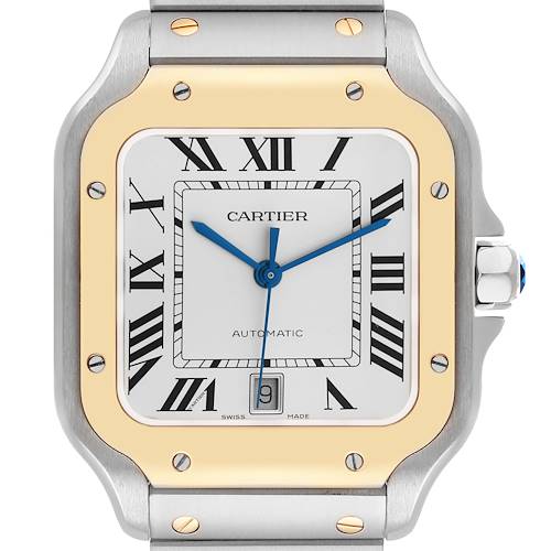 The Cartier Santos W2SA0009 Men's Stainless Steel Silver Dial watch is shown from a front angle, highlighting the dial, bezel, and part of the bracelet.