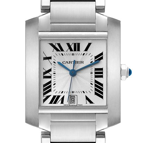 The image shows a front view of the Cartier Tank Francaise W51002Q3 Men's Stainless Steel Silver Dial W51002Q3 Men's Stainless Steel Silver Dial watch, displaying its face, roman numerals, hands, and part of the bracelet.