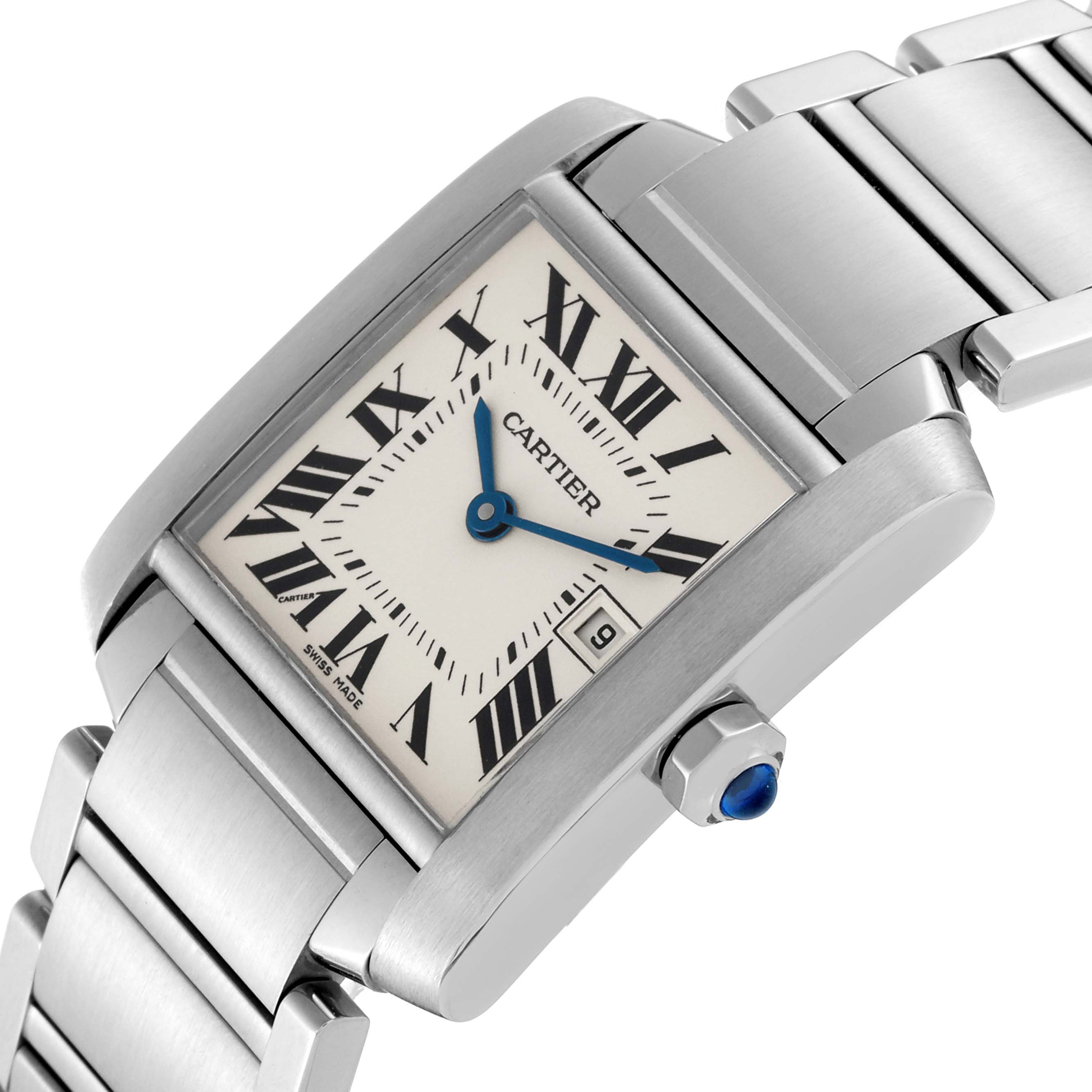 The image shows a close-up angle of the Cartier Tank Francaise W51011Q3 Women's Stainless Steel Silver Dial W51011Q3 Women's Stainless Steel Silver Dial watch, highlighting the dial, bezel, and part of the bracelet.