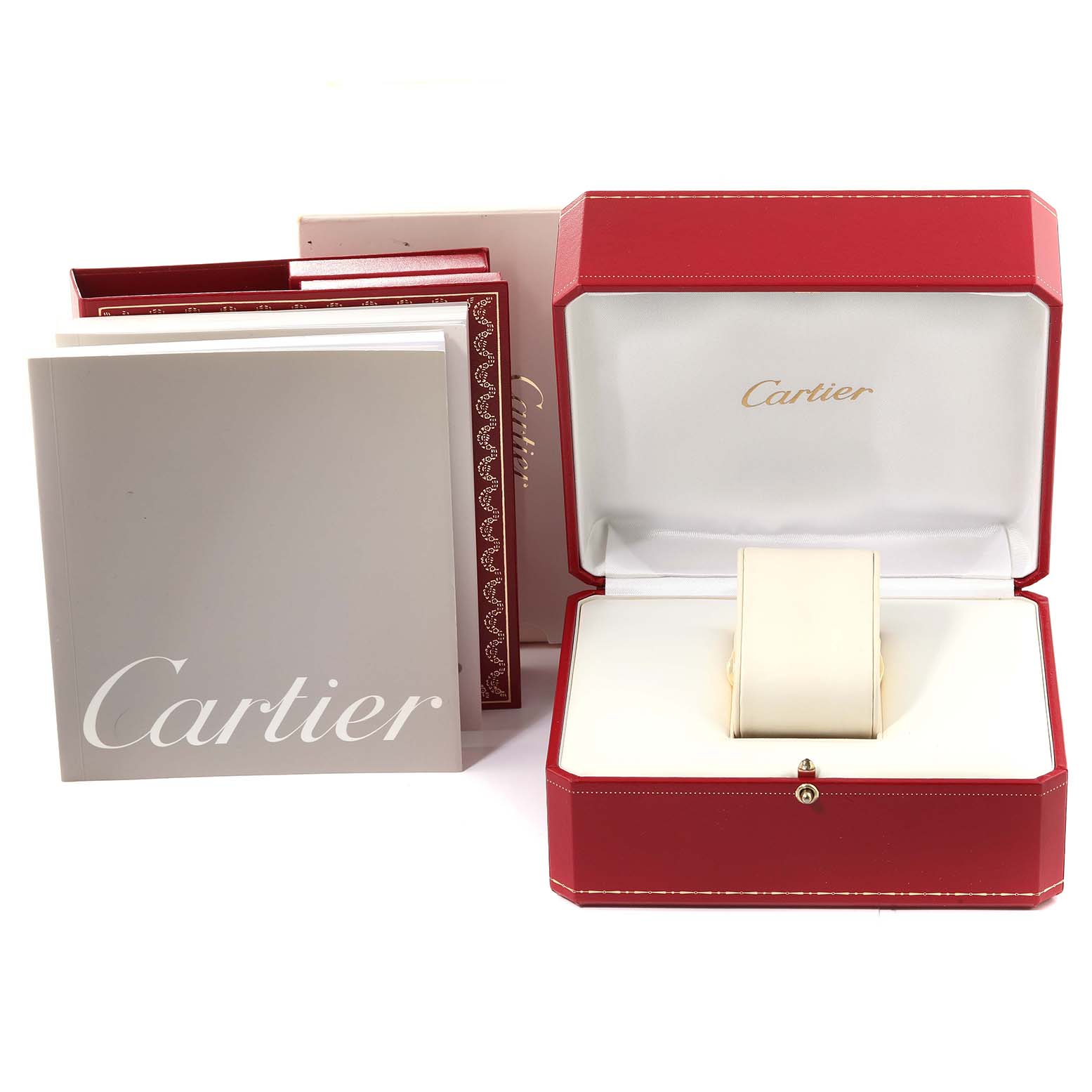 The image shows the packaging accessories of the Cartier Tank Française watch, including a red box, booklets, and a watch holder.