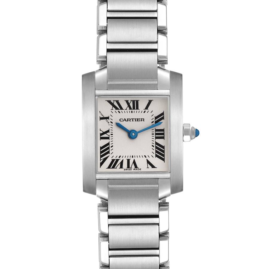 This image shows a front view of the Cartier Tank Francaise W51008Q3 Women's Stainless Steel Silver Dial W51008Q3 Women's Stainless Steel Silver Dial watch, highlighting its rectangular face, Roman numerals, and metal bracelet.