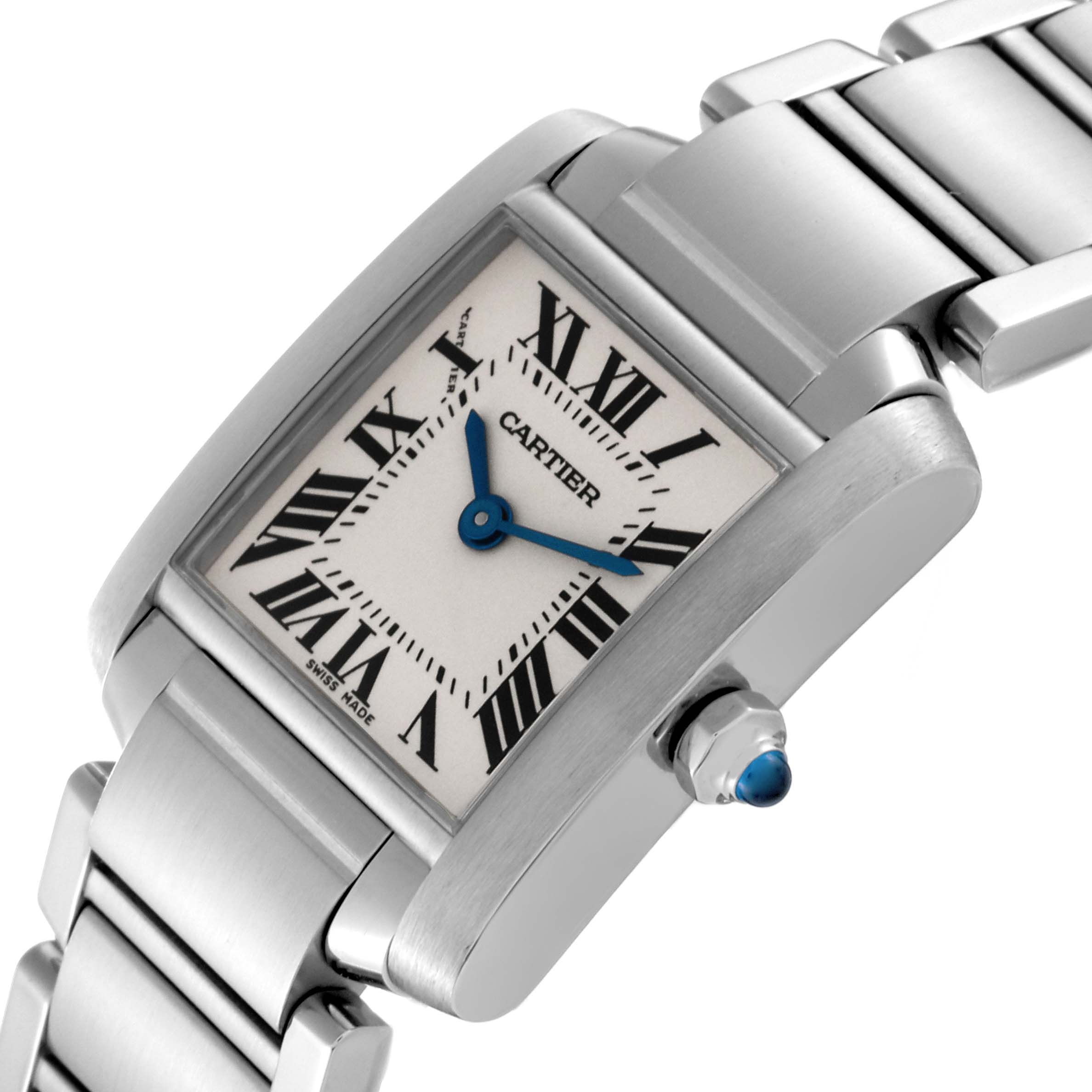The image shows a close-up of the Cartier Tank Francaise W51008Q3 Women's Stainless Steel Silver Dial W51008Q3 Women's Stainless Steel Silver Dial watch, highlighting the dial, case, crown, and part of the bracelet.