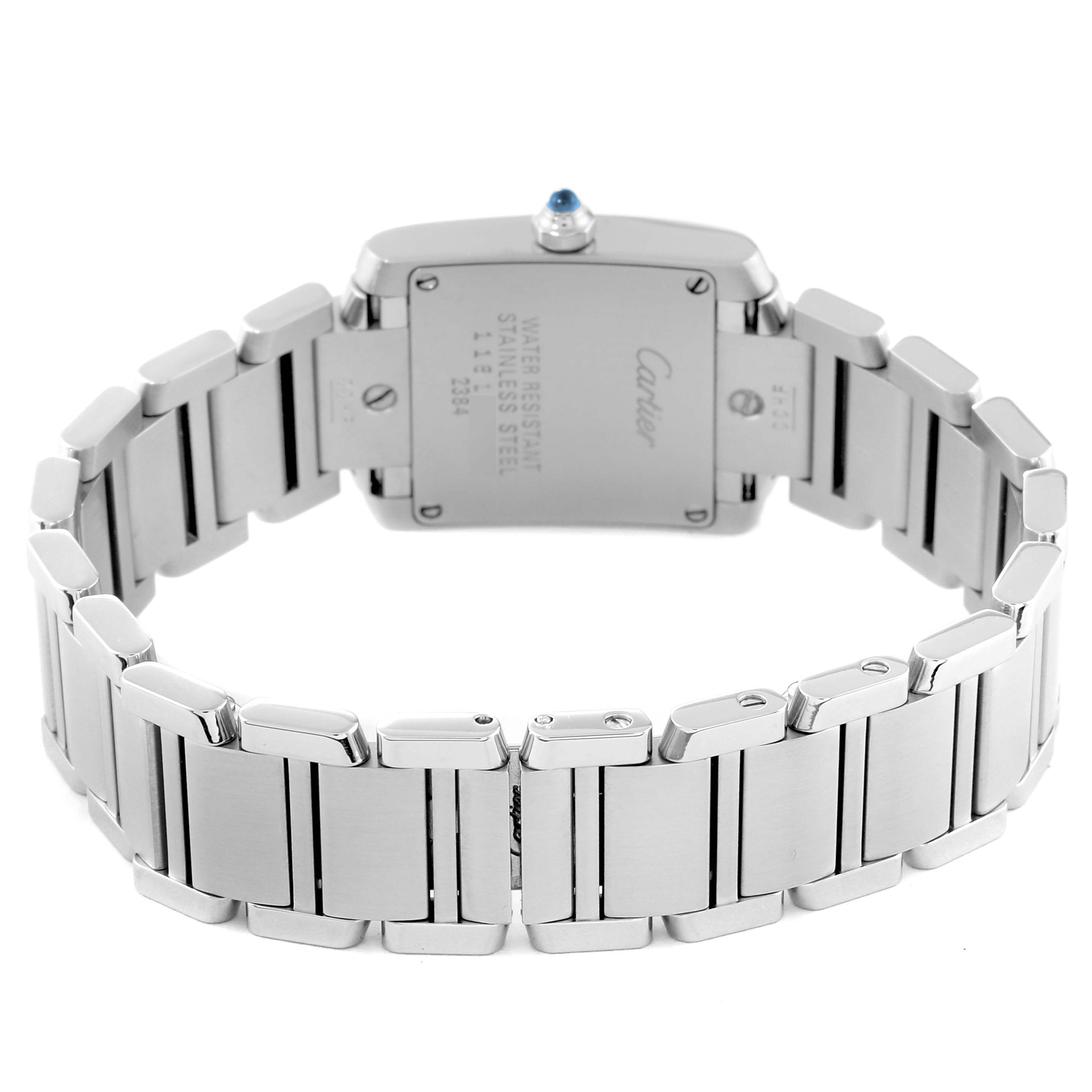 The image shows the back of the Cartier Tank Française watch, highlighting its stainless steel bracelet and case back.