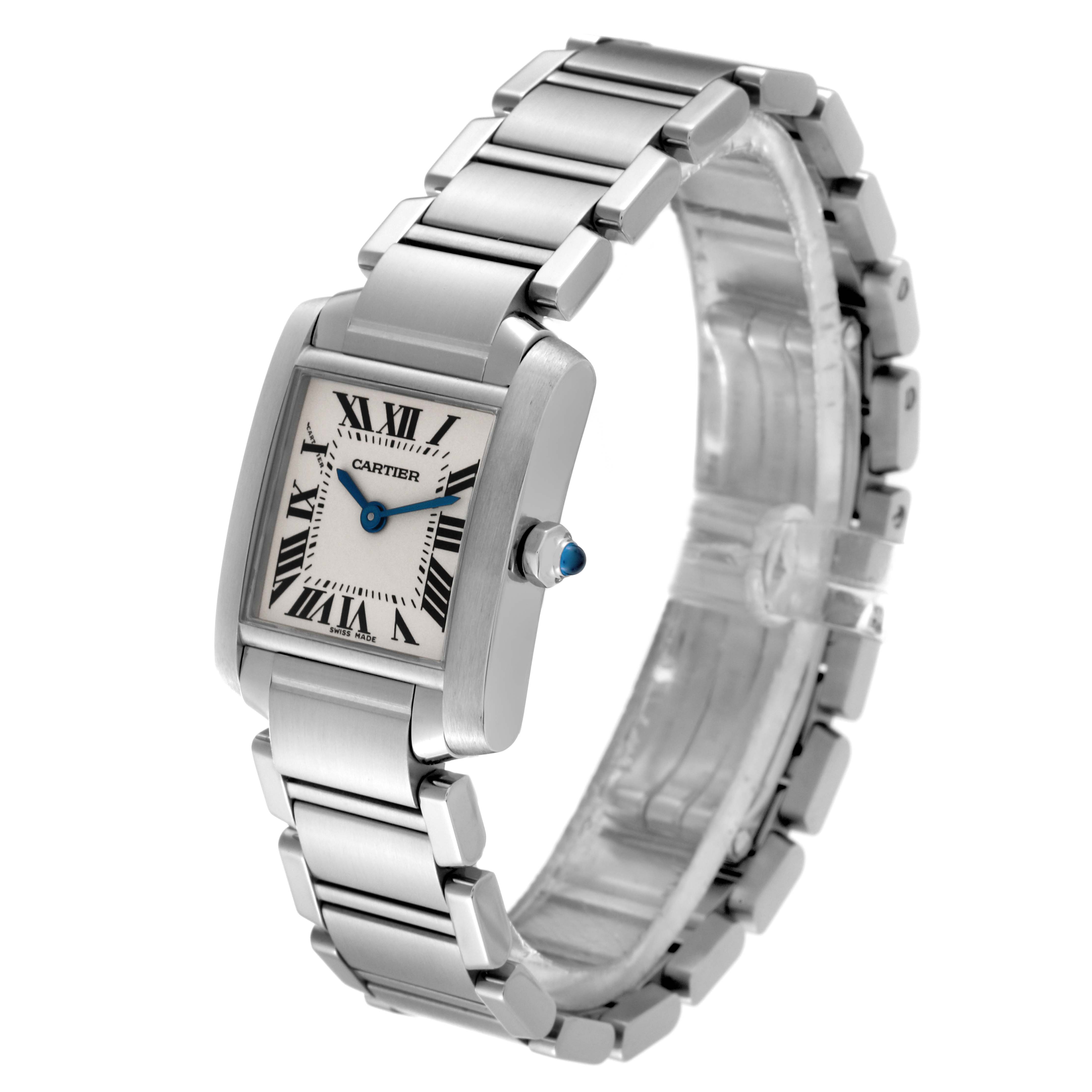 The Cartier Tank Francaise W51008Q3 Women's Stainless Steel Silver Dial W51008Q3 Women's Stainless Steel Silver Dial watch is shown from an angled perspective, highlighting the dial, crown, and metal bracelet.