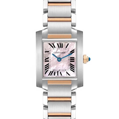 The image shows a head-on view of a Cartier Tank Francaise W51027Q4 Women's Steel and Gold (two tone) Mother of Pearl Dial W51027Q4 Women's Steel and Gold (two tone) Mother of Pearl Dial watch, highlighting its face, crown, and part of the bracelet.