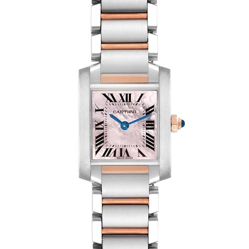 The image shows a frontal view of a Cartier Tank Francaise W51027Q4 Women's Steel and Gold (two tone) Mother of Pearl Dial W51027Q4 Women's Steel and Gold (two tone) Mother of Pearl Dial watch, highlighting the face, bezel, and part of the bracelet.