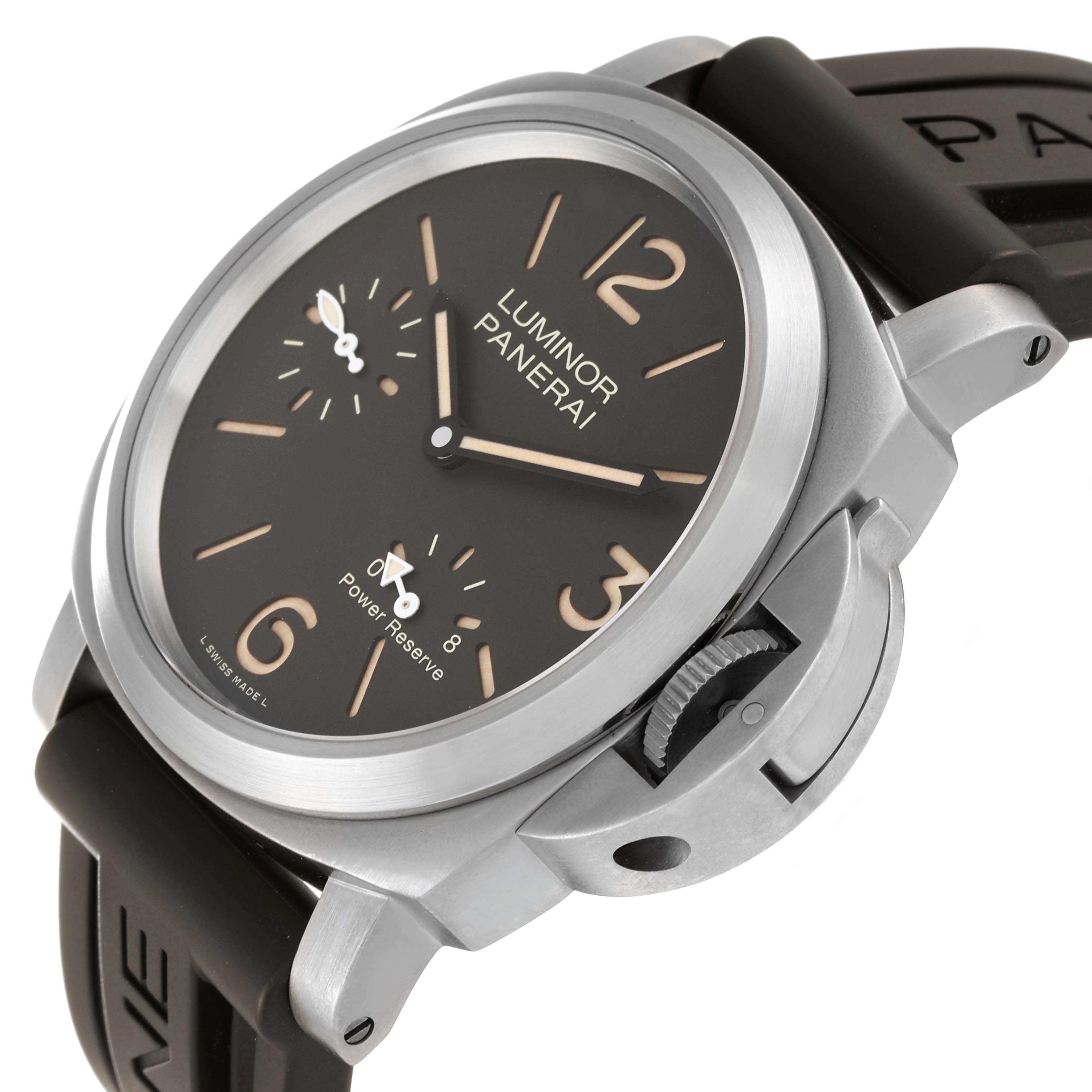 The image shows a close-up, angled view of a Panerai Luminor PAM00797 Men's Titanium Brown Dial PAM00797 Men's Titanium Brown Dial watch, highlighting the face, crown, and strap.
