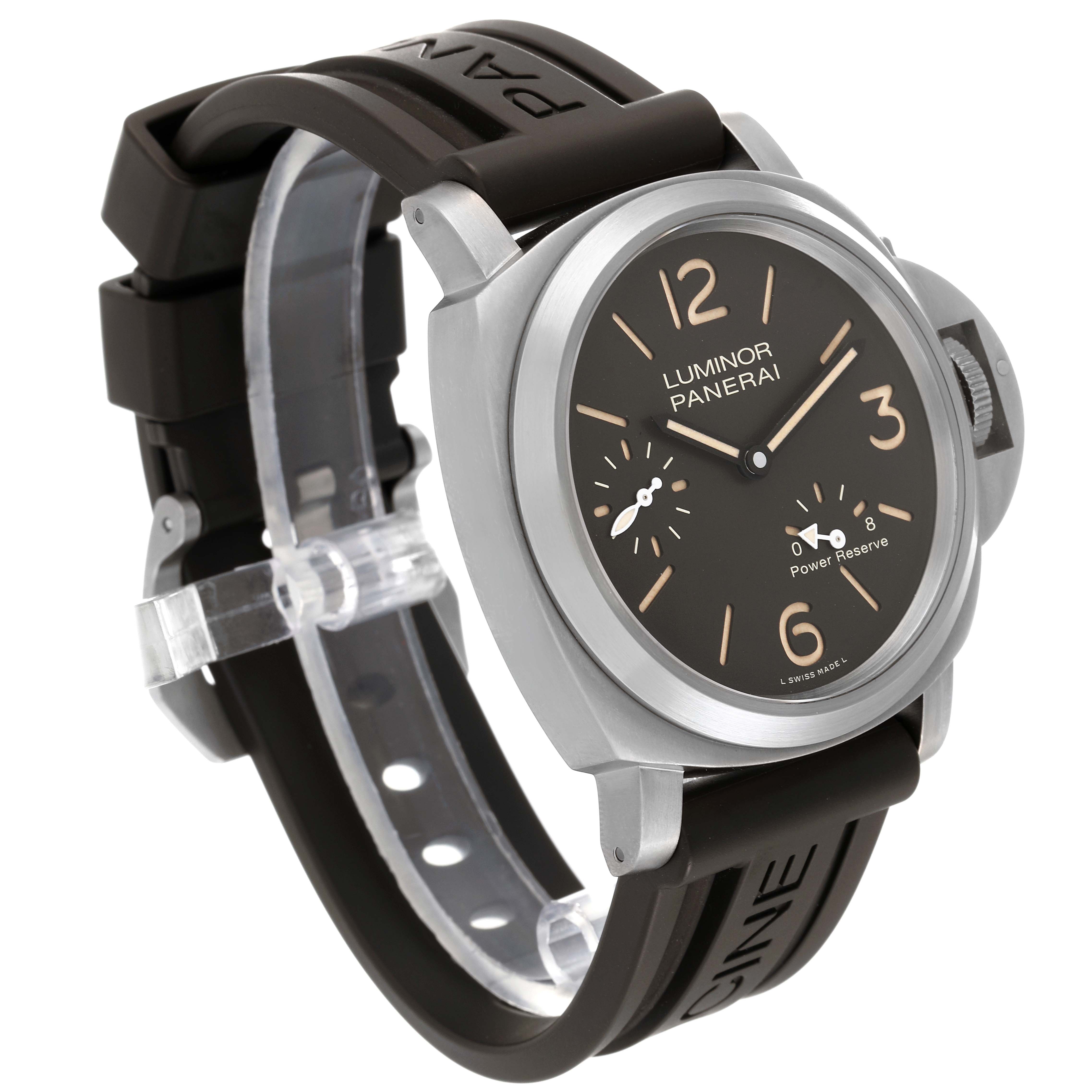 The Panerai Luminor PAM00797 Men's Titanium Brown Dial PAM00797 Men's Titanium Brown Dial model watch is shown at an angle highlighting the face, strap, crown guard, and casing.