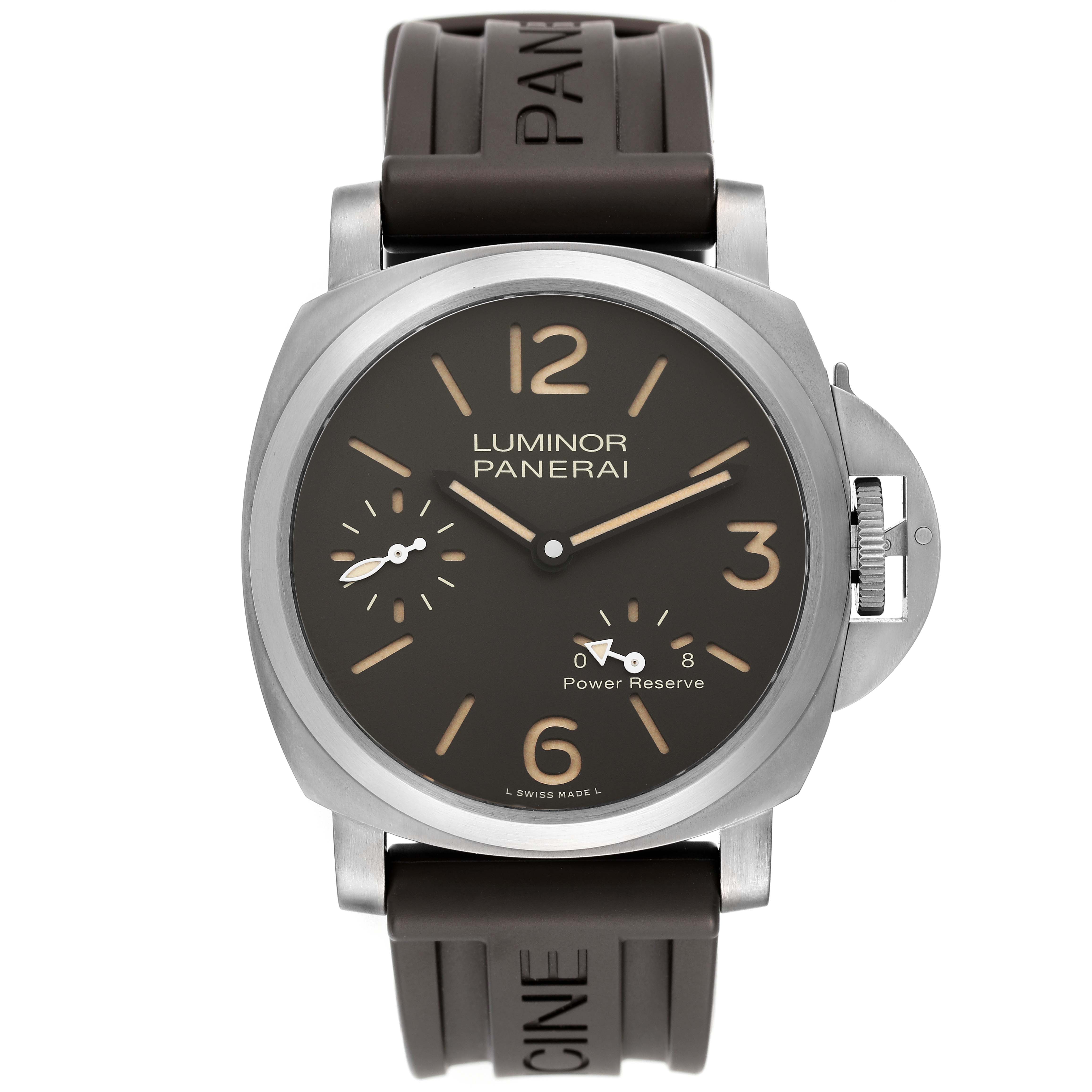 The image shows a front view of a Panerai Luminor PAM00797 Men's Titanium Brown Dial PAM00797 Men's Titanium Brown Dial watch, including the dial, crown guard, and rubber strap.
