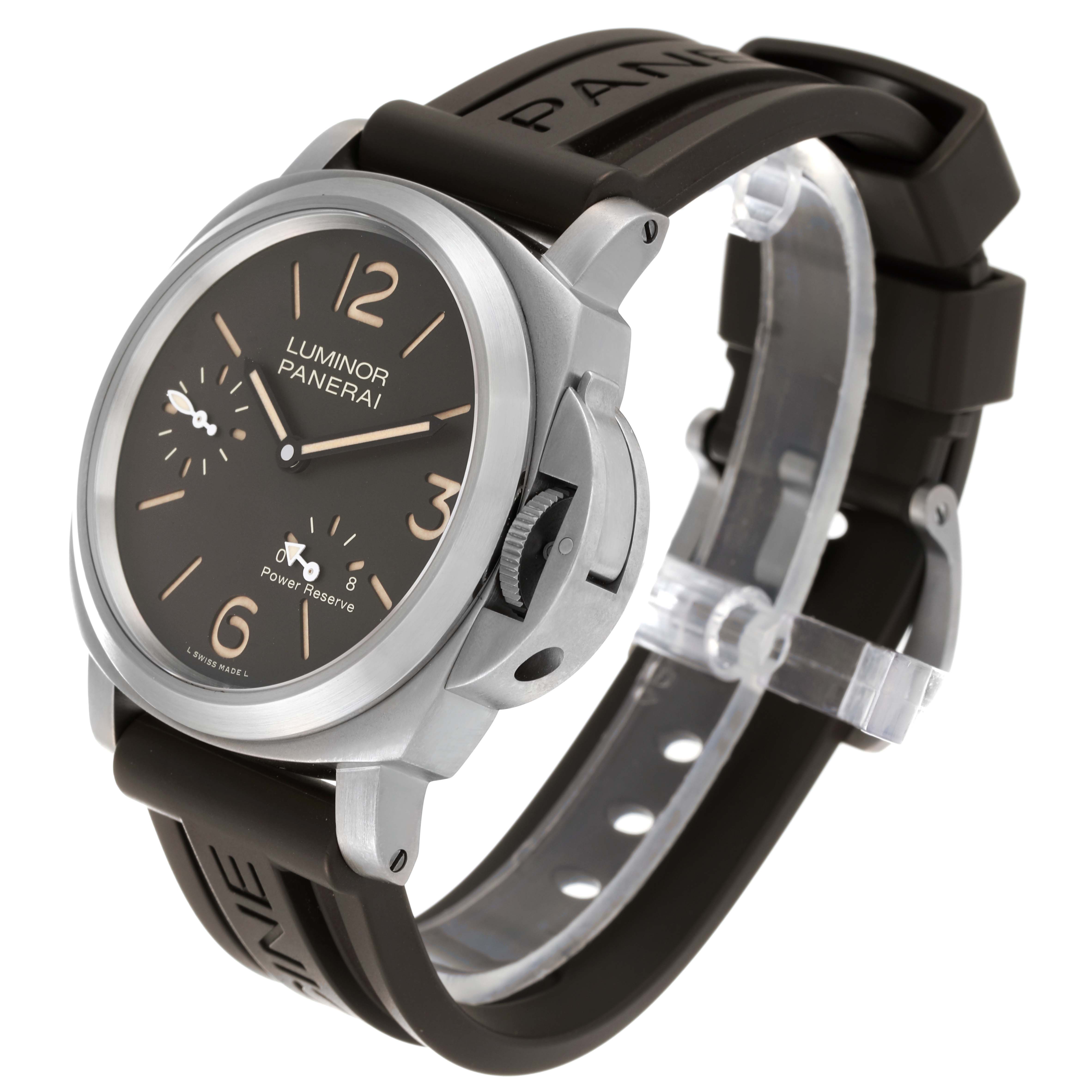 The image shows a Panerai Luminor PAM00797 Men's Titanium Brown Dial PAM00797 Men's Titanium Brown Dial watch at a three-quarter angle, displaying the face, crown, and strap.