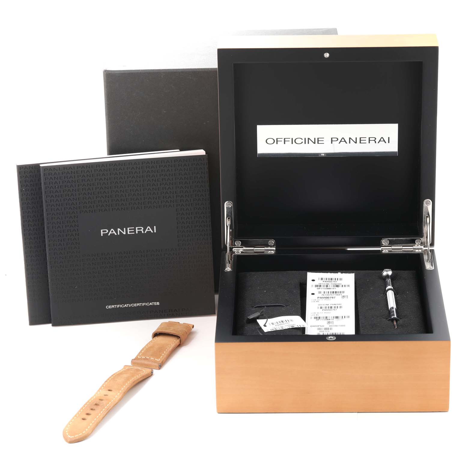 The image shows the packaging, additional strap, certificates, and tools for a Panerai Luminor PAM00797 Men's Titanium Brown Dial PAM00797 Men's Titanium Brown Dial watch with an open box, viewed from the front.