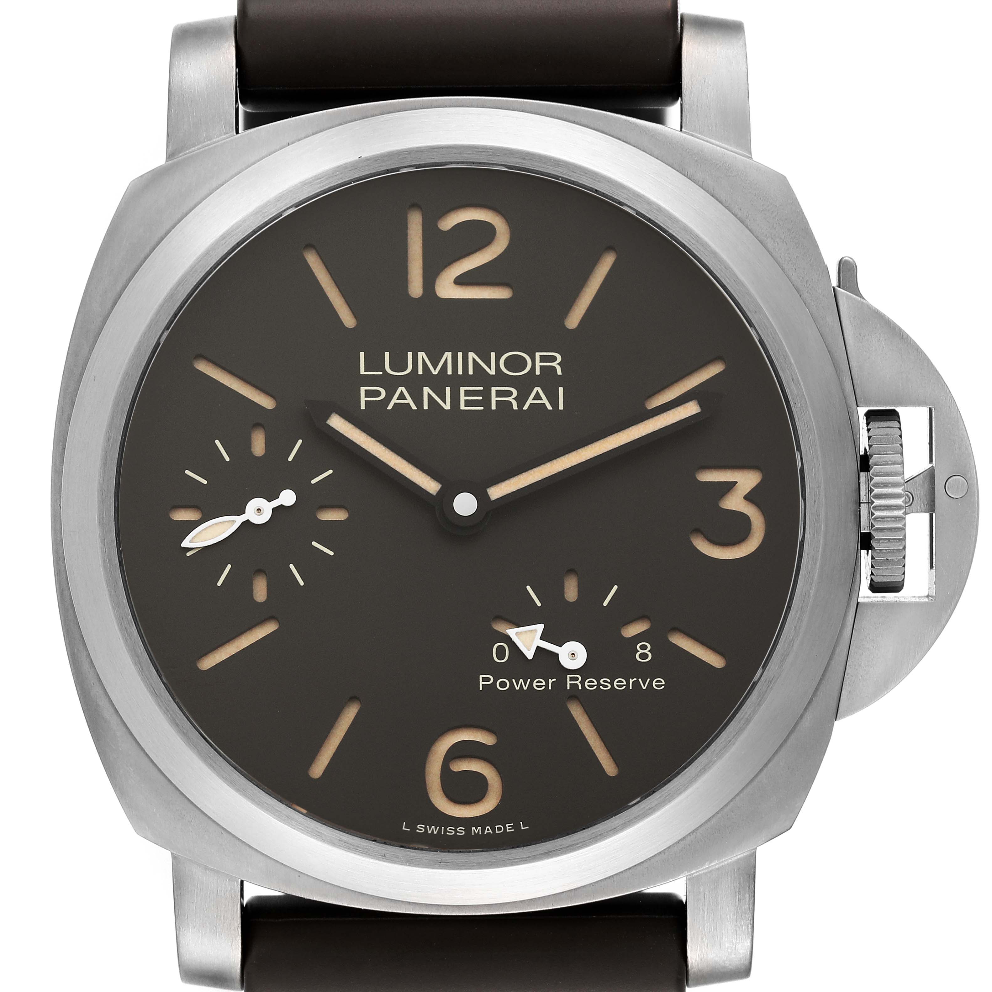 The image shows a front view of a Panerai Luminor PAM00797 Men's Titanium Brown Dial PAM00797 Men's Titanium Brown Dial watch, displaying the dial, hands, and crown guard.