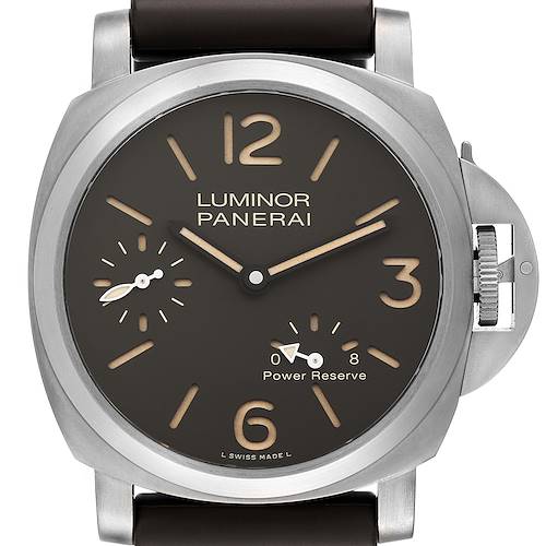 The image shows a front view of a Panerai Luminor PAM00797 Men's Titanium Brown Dial PAM00797 Men's Titanium Brown Dial watch, highlighting the dial, hour markers, hands, and crown guard.