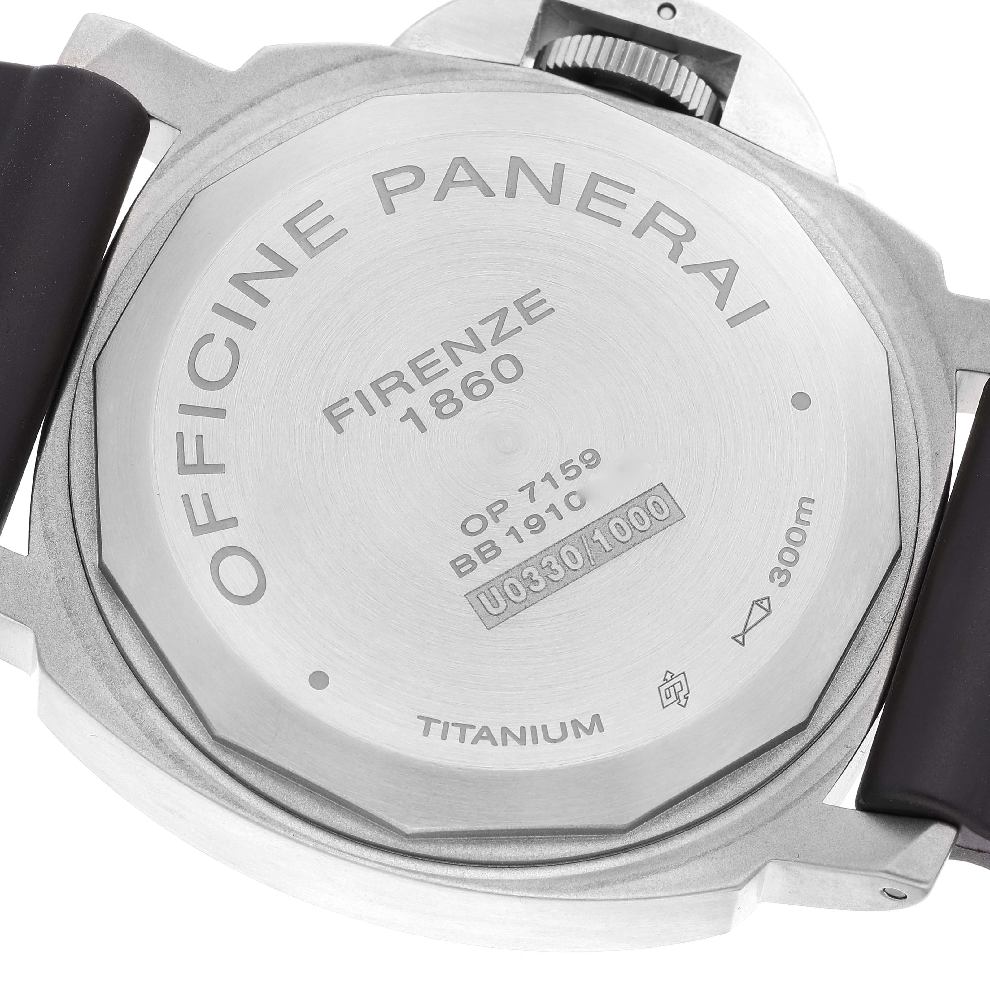The image shows the back case of a Panerai Luminor PAM00797 Men's Titanium Brown Dial PAM00797 Men's Titanium Brown Dial watch, displaying its model inscriptions and specifications.
