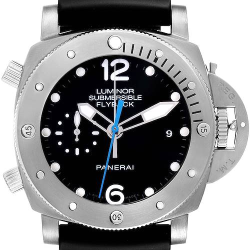 This image shows a frontal view of a Panerai Submersible PAM00614 Men's Titanium Black Dial PAM00614 Men's Titanium Black Dial watch, highlighting its bezel, dial, and crown guard.